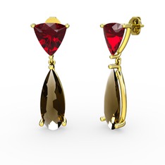 Garnet ve dumanlı kuvars 18 ayar altın küpe