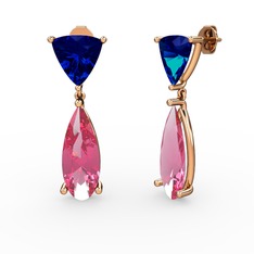 Arowana Küpe - Lab safir ve pembe kuvars 8 ayar rose altın küpe #5fvres