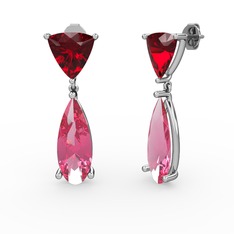 Garnet ve pembe kuvars 14 ayar beyaz altın küpe