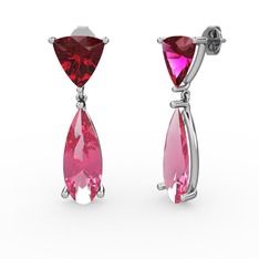 Arowana Küpe - Rodolit garnet ve pembe kuvars 14 ayar beyaz altın küpe #l1sbm7