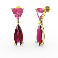 Pembe kuvars ve rodolit garnet 18 ayar altın küpe