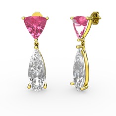 Pembe kuvars ve swarovski 8 ayar altın küpe