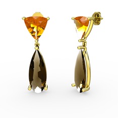 Arowana Küpe - Sitrin ve dumanlı kuvars 18 ayar altın küpe #x8kedp