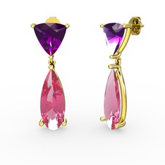 Arowana Küpe - Ametist ve pembe kuvars 14 ayar altın küpe #xi8i4m