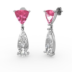 Pembe kuvars ve beyaz zirkon 18 ayar beyaz altın küpe