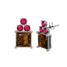 Dumanlı kuvars ve rodolit garnet 14 ayar beyaz altın küpe