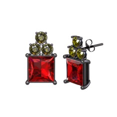 Garnet ve peridot 925 ayar siyah rodyum kaplama gümüş küpe