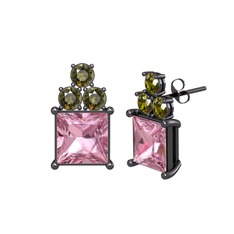 Areli Kare Küpe - Pembe kuvars ve peridot 925 ayar siyah rodyum kaplama gümüş küpe #10tm2tx