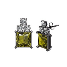 Areli Kare Küpe - Peridot ve beyaz zirkon 925 ayar siyah rodyum kaplama gümüş küpe #11g35lr