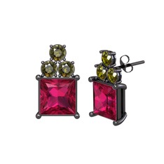 Rodolit garnet ve peridot 925 ayar siyah rodyum kaplama gümüş küpe