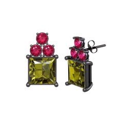 Areli Kare Küpe - Peridot ve rodolit garnet 925 ayar siyah rodyum kaplama gümüş küpe #15x4rkb