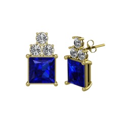 Areli Kare Küpe - Lab safir ve swarovski 18 ayar altın küpe #16d1o2r