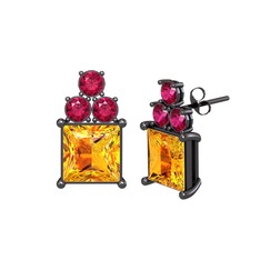 Areli Kare Küpe - Sitrin ve rodolit garnet 925 ayar siyah rodyum kaplama gümüş küpe #184gnjh