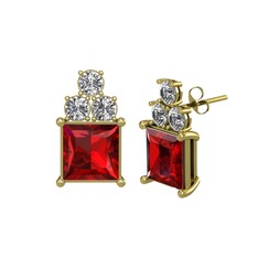 Areli Kare Küpe - Garnet ve swarovski 18 ayar altın küpe #18camh6