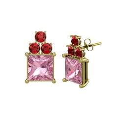 Areli Kare Küpe - Pembe kuvars ve garnet 18 ayar altın küpe #18dttmm
