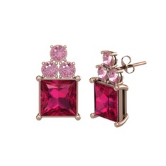 Areli Kare Küpe - Rodolit garnet ve pembe kuvars 8 ayar rose altın küpe #18gsplw