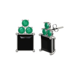 Areli Kare Küpe - Siyah zirkon ve kök zümrüt 8 ayar beyaz altın küpe #1akkkig