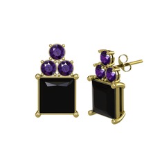 Areli Kare Küpe - Siyah zirkon ve ametist 18 ayar altın küpe #1b5owei