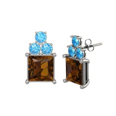 Areli Kare Küpe - Dumanlı kuvars ve akuamarin 18 ayar beyaz altın küpe #1c9d0vy