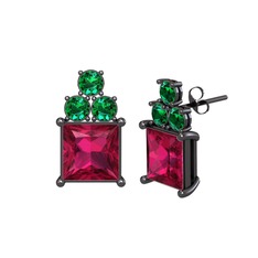 Rodolit garnet ve yeşil kuvars 925 ayar siyah rodyum kaplama gümüş küpe