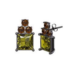 Peridot ve dumanlı kuvars 925 ayar siyah rodyum kaplama gümüş küpe