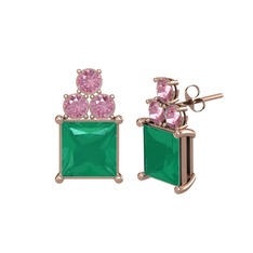 Kök zümrüt ve pembe kuvars 18 ayar rose altın küpe