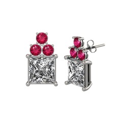 Areli Kare Küpe - Beyaz zirkon ve rodolit garnet 18 ayar beyaz altın küpe #1kshzch
