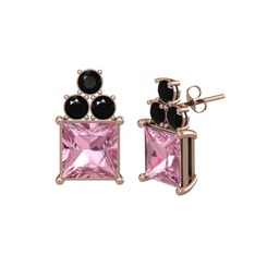 Pembe kuvars ve siyah zirkon 14 ayar rose altın küpe