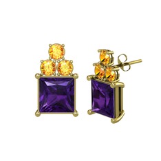 Areli Kare Küpe - Ametist ve sitrin 18 ayar altın küpe #1n24wt1