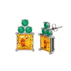 Areli Kare Küpe - Sitrin ve kök zümrüt 18 ayar beyaz altın küpe #1nowzb5