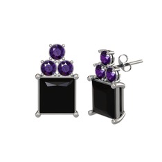 Areli Kare Küpe - Siyah zirkon ve ametist 8 ayar beyaz altın küpe #1nq8ypj