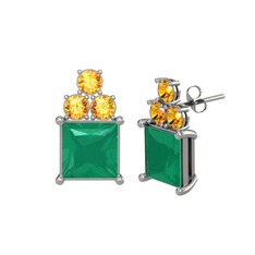 Areli Kare Küpe - Kök zümrüt ve sitrin 8 ayar beyaz altın küpe #1odwxc6