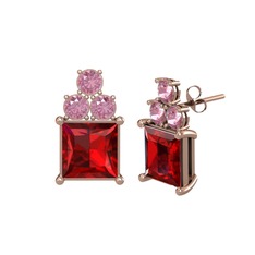 Garnet ve pembe kuvars 14 ayar rose altın küpe