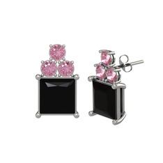 Areli Kare Küpe - Siyah zirkon ve pembe kuvars 8 ayar beyaz altın küpe #1pyutg4