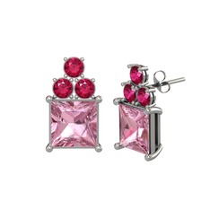 Areli Kare Küpe - Pembe kuvars ve rodolit garnet 14 ayar beyaz altın küpe #1rpq0ir