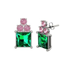 Areli Kare Küpe - Yeşil kuvars ve pembe kuvars 14 ayar beyaz altın küpe #1ta14h0