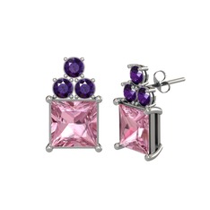 Pembe kuvars ve ametist 14 ayar beyaz altın küpe