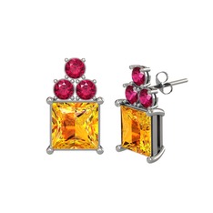 Areli Kare Küpe - Sitrin ve rodolit garnet 14 ayar beyaz altın küpe #1ufjc82