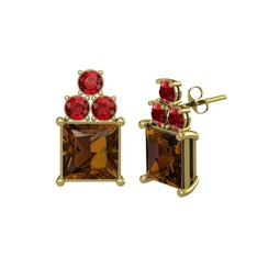 Dumanlı kuvars ve garnet 18 ayar altın küpe