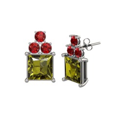 Areli Kare Küpe - Peridot ve garnet 18 ayar beyaz altın küpe #1ygh43g