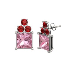 Pembe kuvars ve garnet 18 ayar beyaz altın küpe