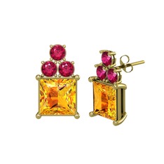 Areli Kare Küpe - Sitrin ve rodolit garnet 18 ayar altın küpe #2g70kl