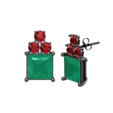 Areli Kare Küpe - Kök zümrüt ve garnet 925 ayar siyah rodyum kaplama gümüş küpe #3rso3c