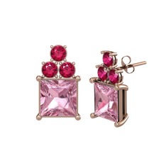 Pembe kuvars ve rodolit garnet 18 ayar rose altın küpe