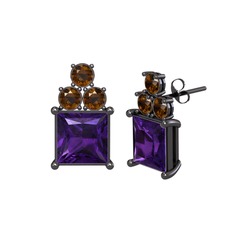 Areli Kare Küpe - Ametist ve dumanlı kuvars 925 ayar siyah rodyum kaplama gümüş küpe #6x99df