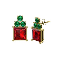 Garnet ve yeşil kuvars 18 ayar altın küpe
