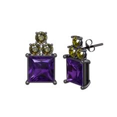 Areli Kare Küpe - Ametist ve peridot 925 ayar siyah rodyum kaplama gümüş küpe #c20uuw