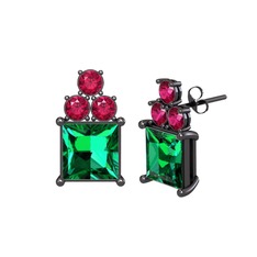 Areli Kare Küpe - Yeşil kuvars ve rodolit garnet 925 ayar siyah rodyum kaplama gümüş küpe #ec0ohm