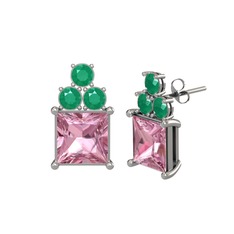 Pembe kuvars ve kök zümrüt 925 ayar gümüş küpe