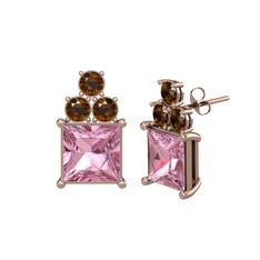Pembe kuvars ve dumanlı kuvars 18 ayar rose altın küpe